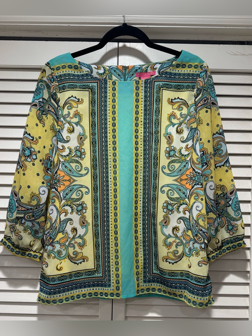 Sunny Leigh—M, Yellow/Aqua Printed Top, Lined w/ Sheer Overlay, Sheer Sleeves